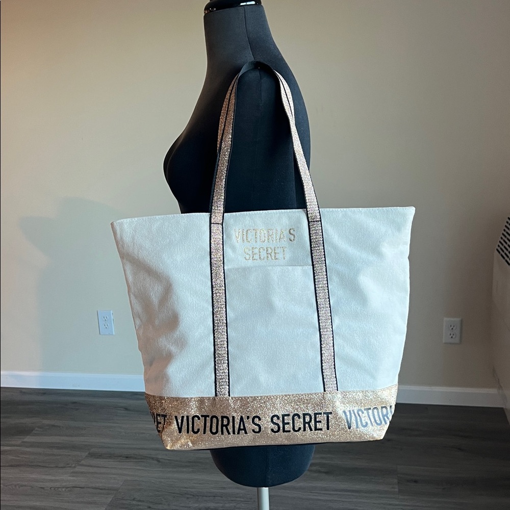 Victoria's Secret Canvas Tote Gold Glitter  Black W/zipper Medium Carry.